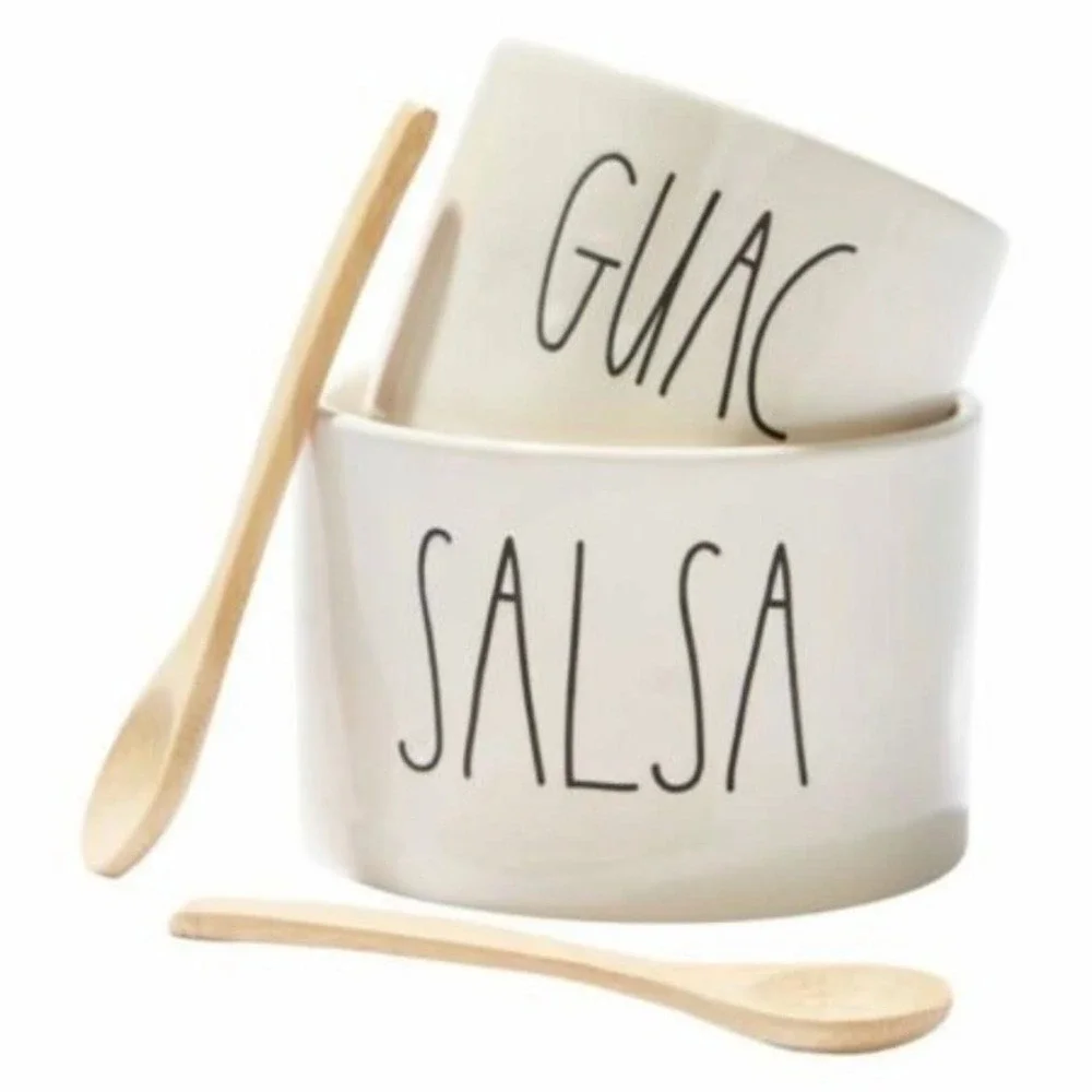 Rae Dunn Guac and‎ Salsa Ceramic Bowl Set with Bamboo Spoons 4pc FabFitFun NEW